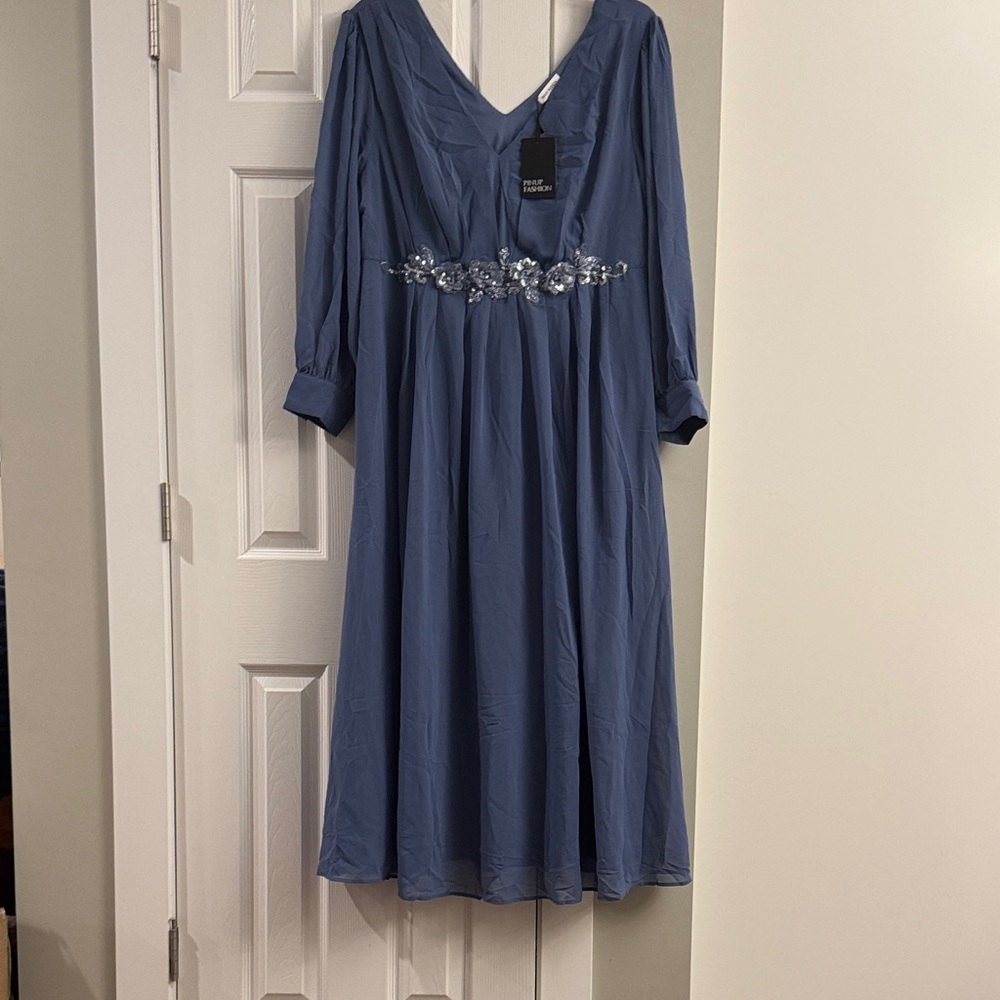 Chic Long Sleeve Blue Dress with Embellishments